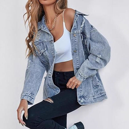 Damen lässige Oversized Jeansjacke mit distressed Details und hochwertigen Metallknöpfen R&B