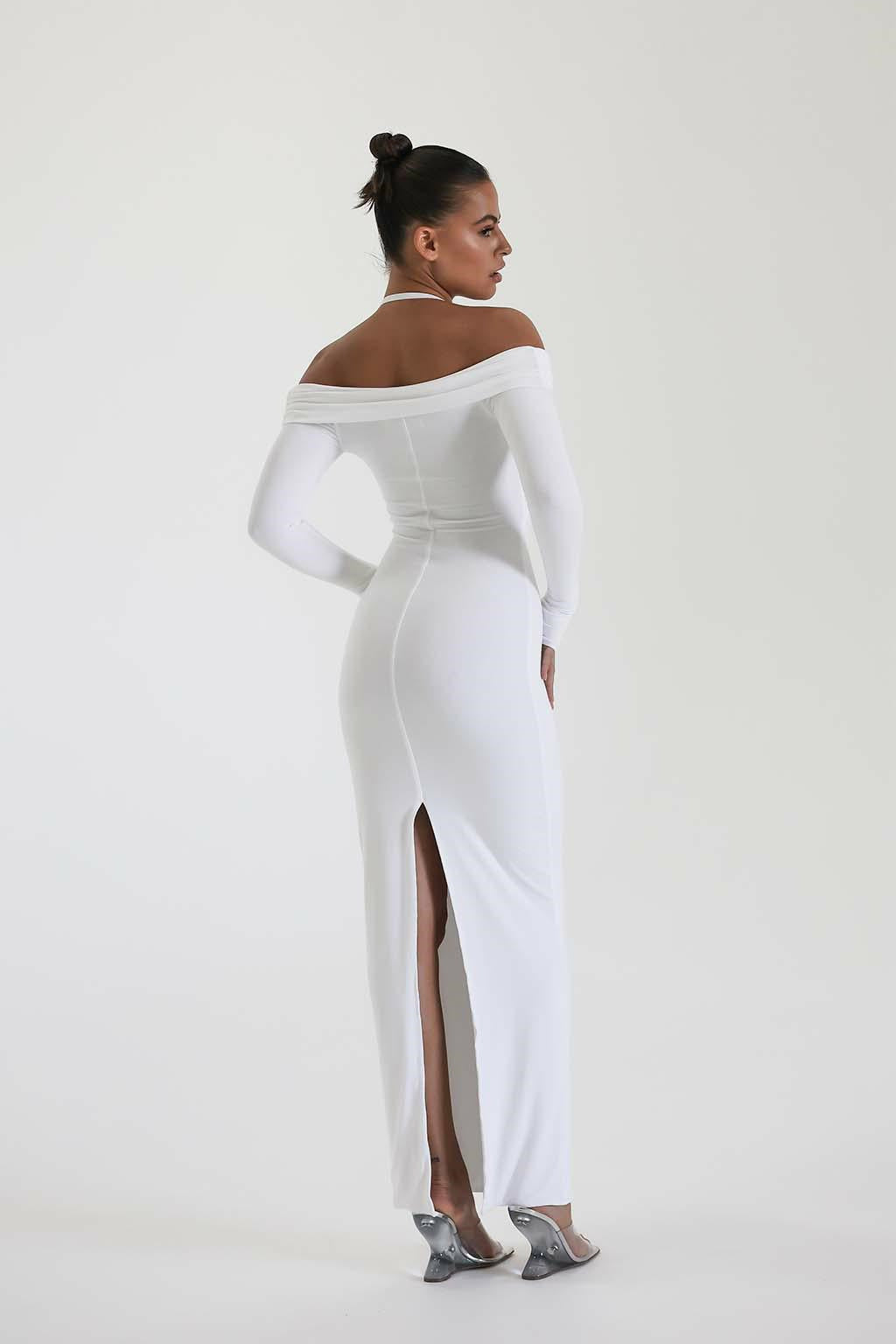 Damen Maxi-Kleid mit Off-Shoulder Design und elegantem Schlitz R&B
