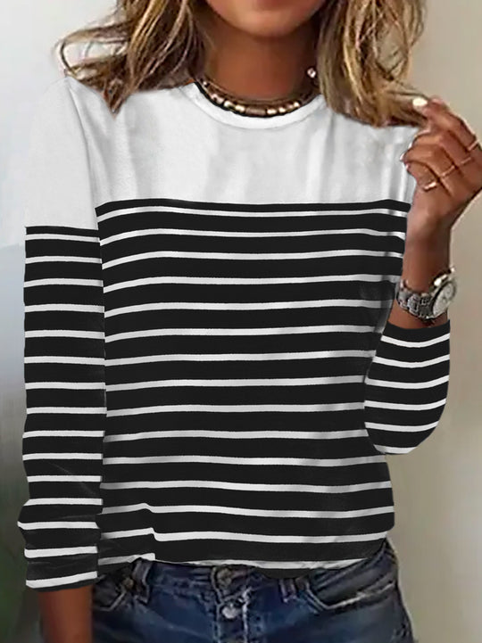 Damen Lässiges Rundhals Longsleeve mit Streifenmuster R&B