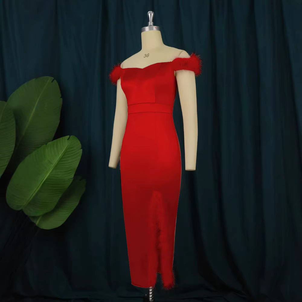 Damen elegantes Abendkleid mit raffinierter Feder-Verzierung R&B