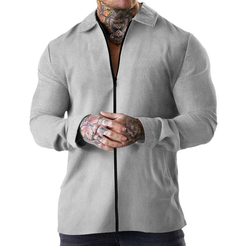 Herren nan strukturierte Zip-Hemdjacke aus Waffelstrick mit Kentkragen und schmaler Silhouette R&B