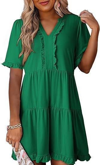 Damen nan leichtes Swingkleid mit V-Ausschnitt, gestufter Rockpartie und zarten Volants R&B