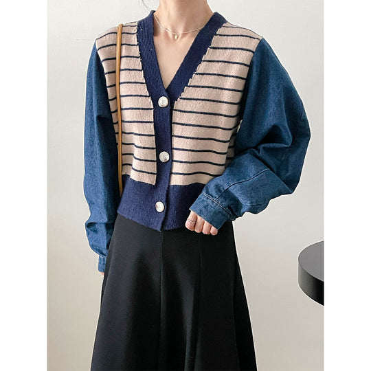 Damen modische Strickjacke mit modernen Streifen-Design und Raglanärmeln R&B