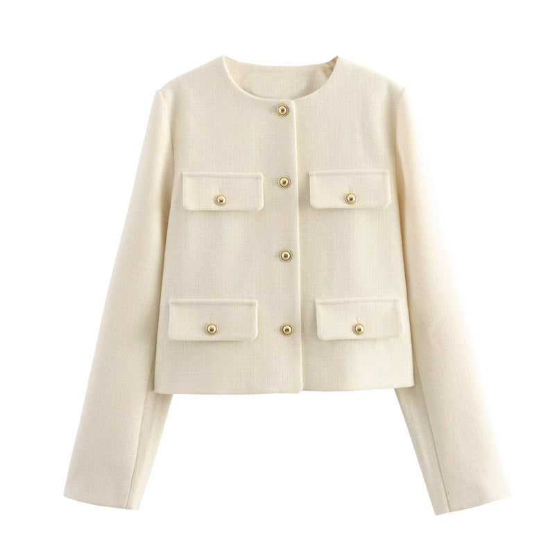 Damen Modische Kurzjacke mit dekorativen Knöpfen und praktischen Taschen R&B