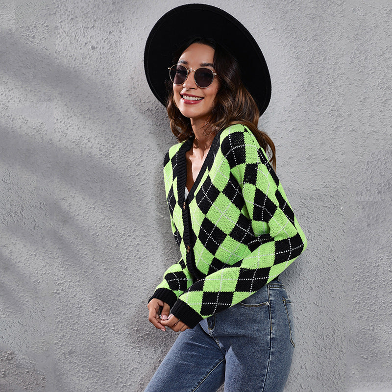 Damen Trendige Karomuster Strickjacke mit Knopfverschluss und weitem Schnitt R&B