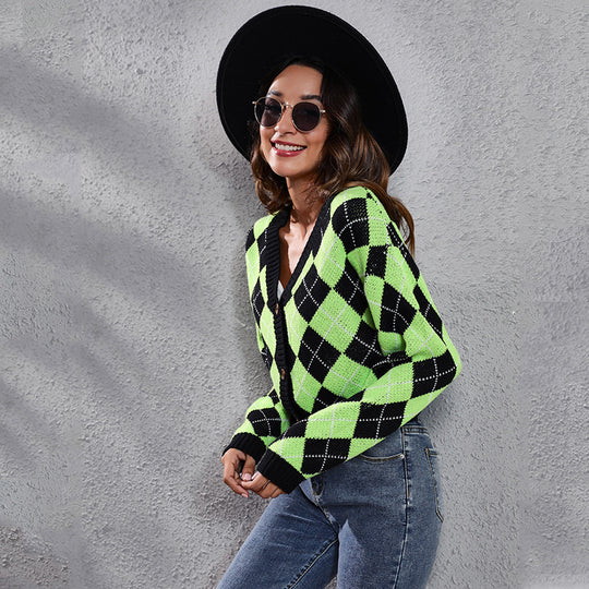 Damen Trendige Karomuster Strickjacke mit Knopfverschluss und weitem Schnitt R&B