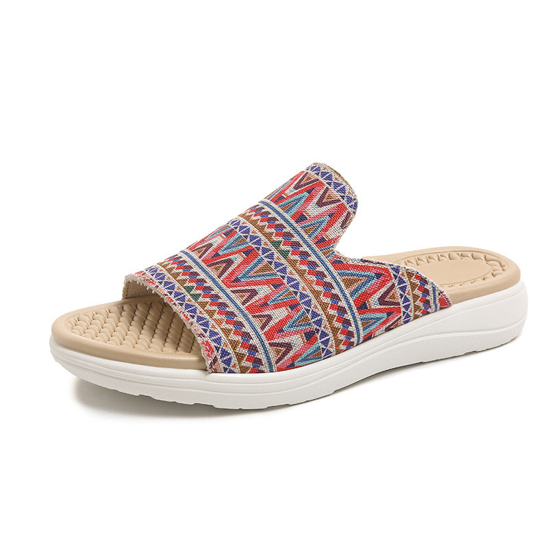 Damen Wedge-Pantoletten mit farbenfrohem Ethnomuster und rutschfester Sohle R&B