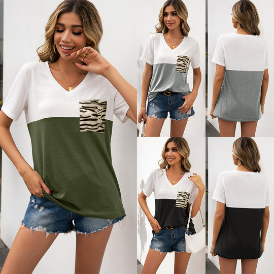 Damen V-Ausschnitt T-Shirt mit tierischem Taschenmotiv und lässigem Schnitt R&B