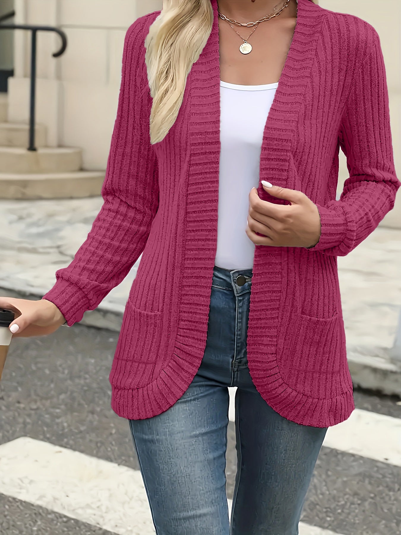 Damen Strickjacke mit offenen Front und praktischen Taschen R&B