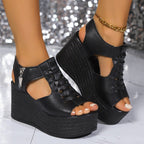 Damen Plateau-Sandalen mit elastischen Schnürungen und Reißverschluss R&B