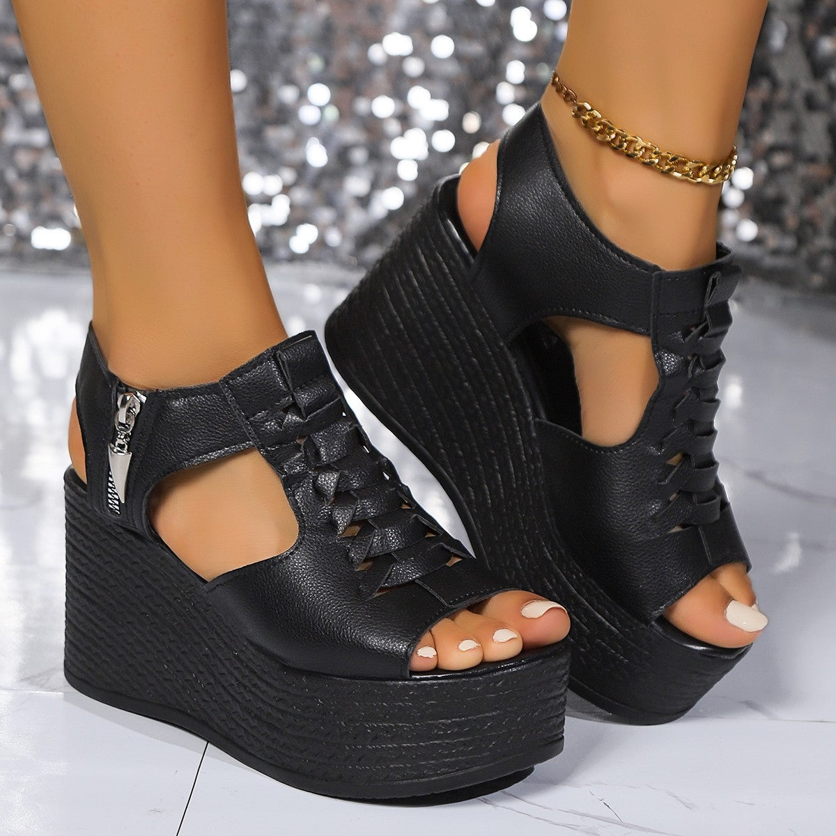 Damen Plateau-Sandalen mit elastischen Schnürungen und Reißverschluss R&B