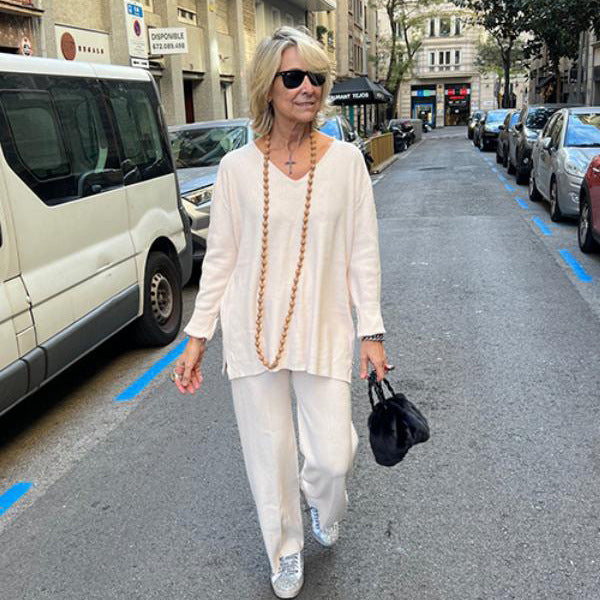 Damen Lässiges Strickensemble mit V-Ausschnitt und weiten Beinen R&B