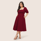 Damen elegantes Midikleid mit modischen Puffärmeln und Taillenschnürung R&B