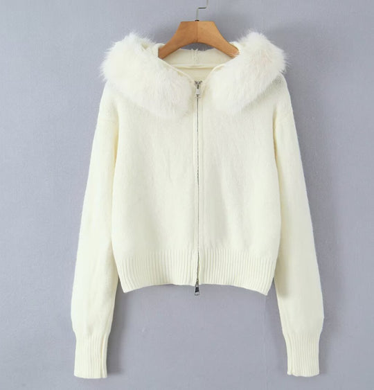 Damen Strickjacke mit luxuriösem Kunstfellkragen und Reißverschluss R&B