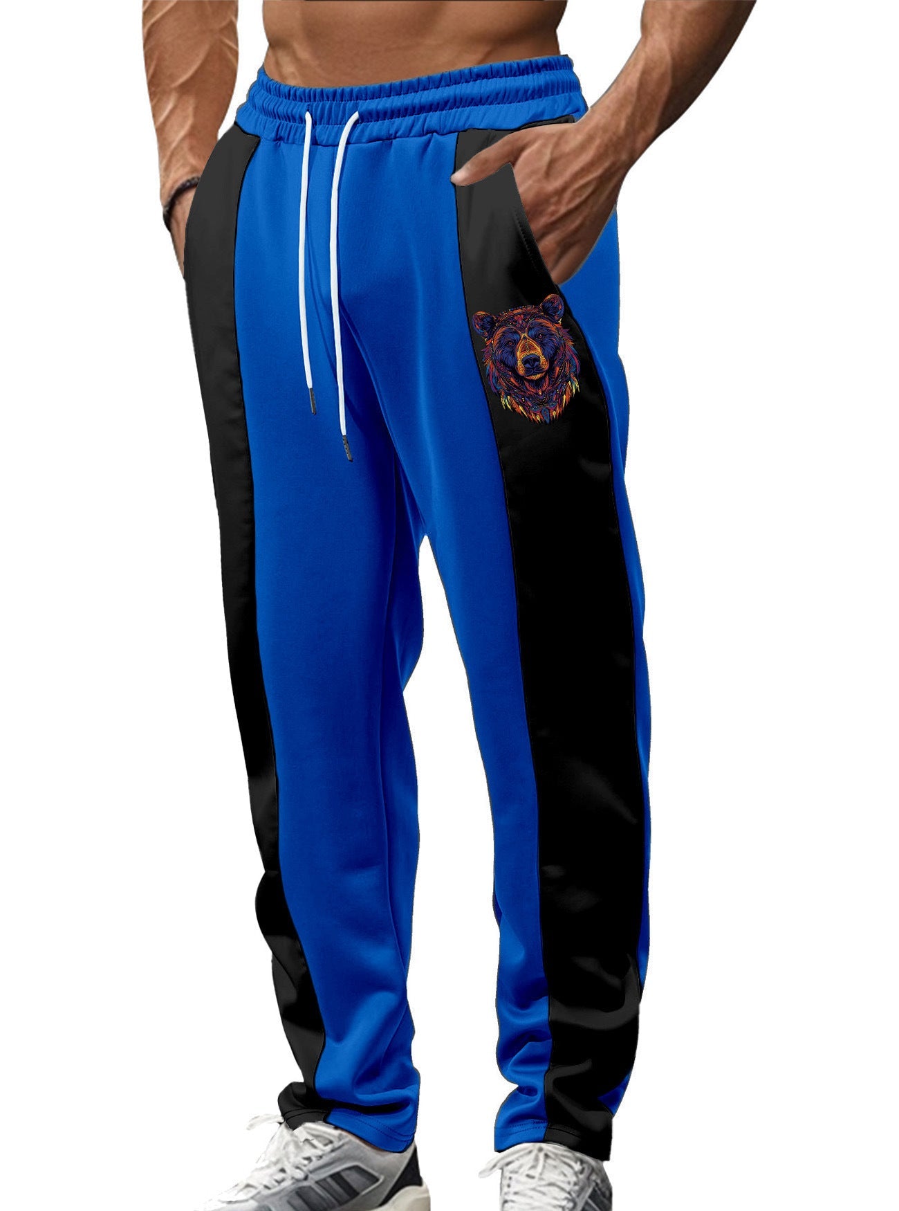 Herren nan sportive Trackpants mit seitlichen Kontrastbahnen elastischem Bund Kordelzug und Hirschstickerei R&B