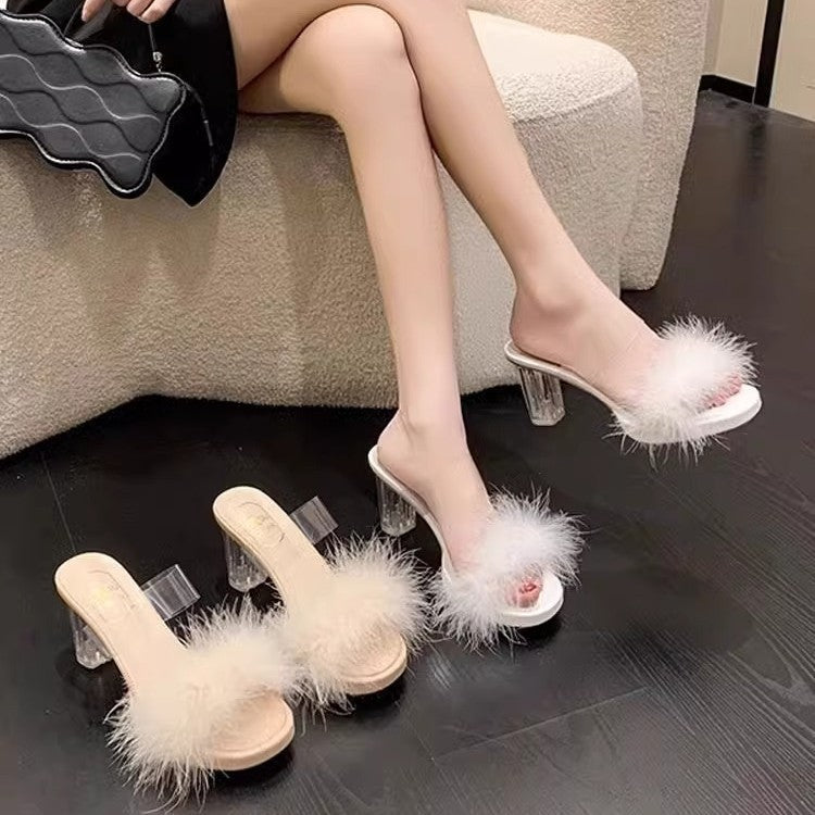 Damen elegante Mules mit transparentem Blockabsatz und feiner Fellverzierung R&B