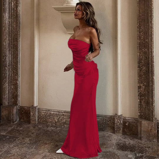 Damen elegantes Maxikleid mit raffiniertem Drapé und schulterfreiem Design R&B