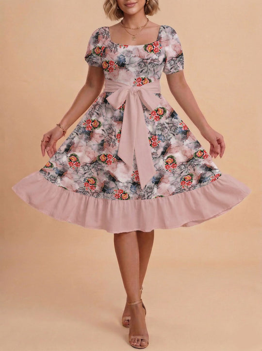 Damen Retro Maxikleid mit Puffärmeln und Taillengürtel R&B
