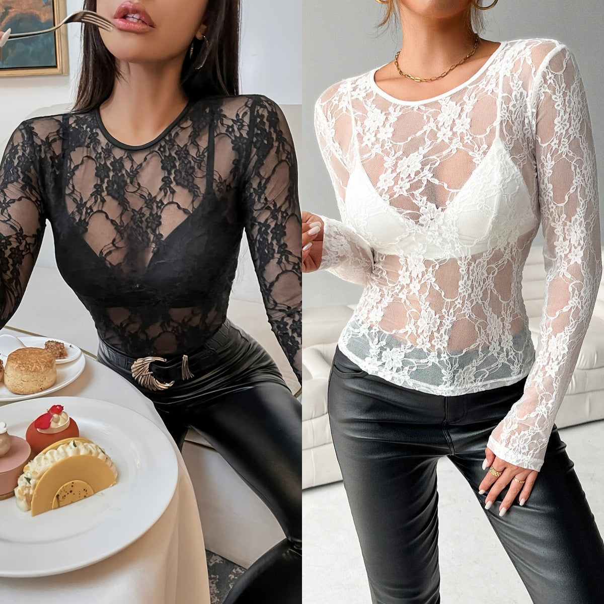 Damen Elegantes Spitzenshirt mit transparentem Design R&B