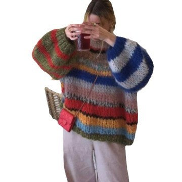 Damen Kuscheliger Strickpullover mit weit ausgestellten Ärmeln und buntem Streifenmuster R&B