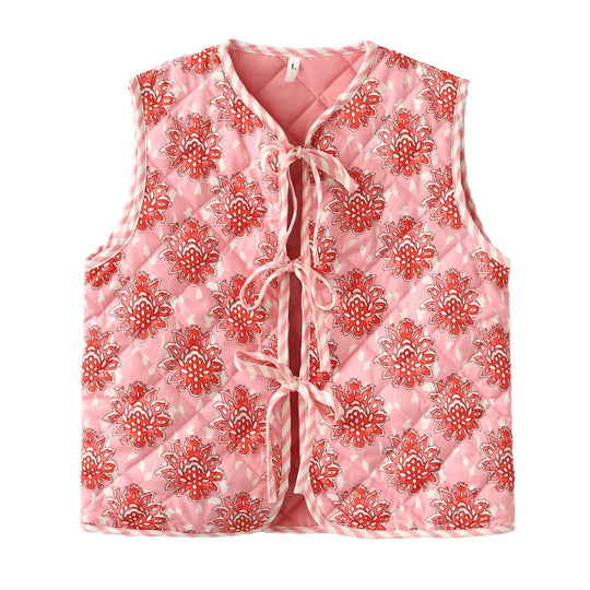 Damen gestepptes Weste mit floralem Muster und eleganten Bindebändern R&B