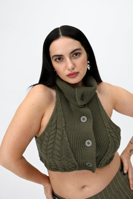 Damen gehäkeltes Crop-Oberteil mit hochgeschlossenem Kragen und Knopfleiste R&B