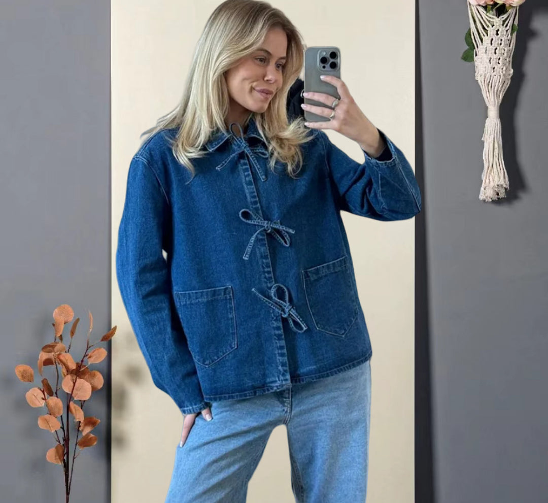 Damen Jeansjacke mit dekorativen Schleifen und praktischen Taschen R&B