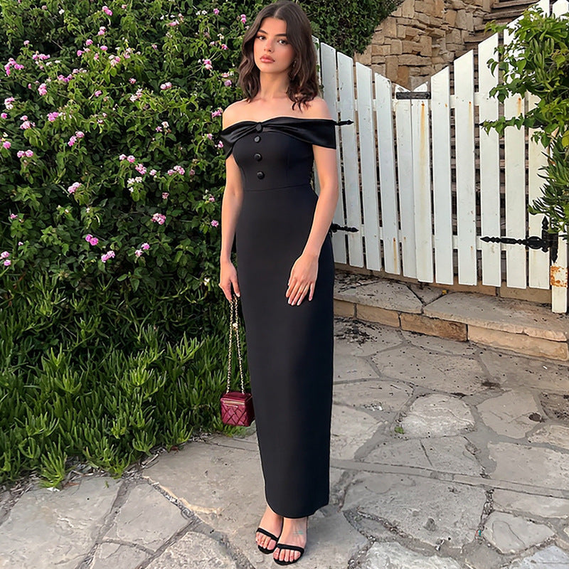 Damen Elegantes schulterfreies Maxikleid mit Knopfleiste