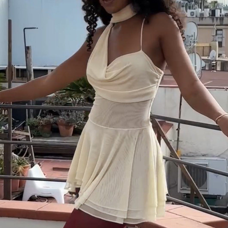 Damen elegantes asymmetrisches Mini-Kleid mit dekorativem Schulterband und fließendem Saum R&B