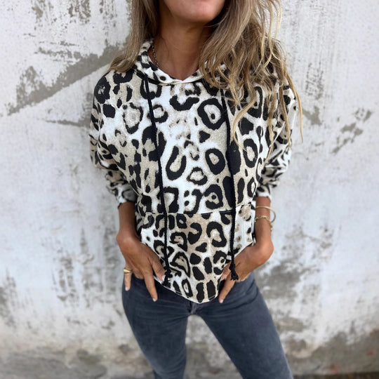 Damen Kapuzenpullover mit lässigem Leopardenmuster und praktischen Seitentaschen R&B