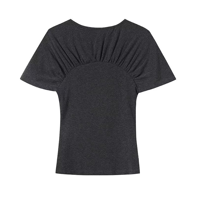 Damen lässiges Kurzarm-T-Shirt mit Raffung und grafischem Druck R&B