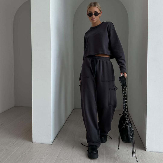 Damen lässiges cropped Sweatshirt mit Kordelzug und weiten Ärmeln R&B