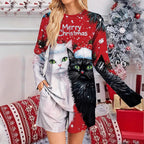 Damen Lustiges Weihnachts-Pyjama-Set mit Katzenmotiv R&B