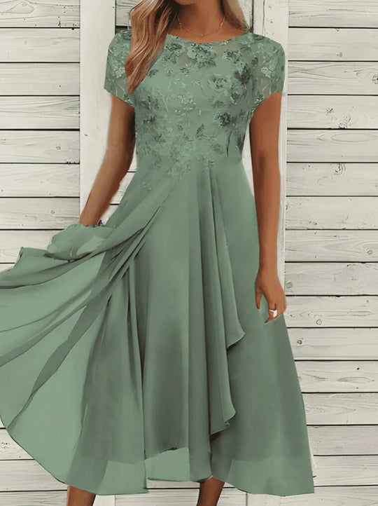 Damen nan fließendes Chiffon-Midikleid mit blumenbesticktem Oberteil und asymmetrischem Stufenrock R&B