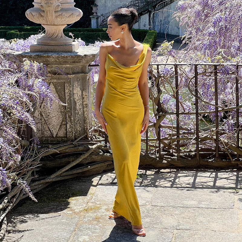 Damen seidiges Maxikleid mit elegantem Cowl-Ausschnitt R&B