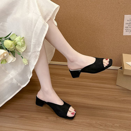 Damen elegante Mules mit offenem Zehenbereich und niedrigem Blockabsatz R&B