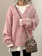 Damen Grobstrickpullover mit V-Ausschnitt und modischem Zopfdesign R&B
