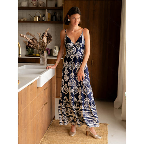 Damen Maxi-Kleid mit elegantem V-Ausschnitt und raffinierten Volants R&B