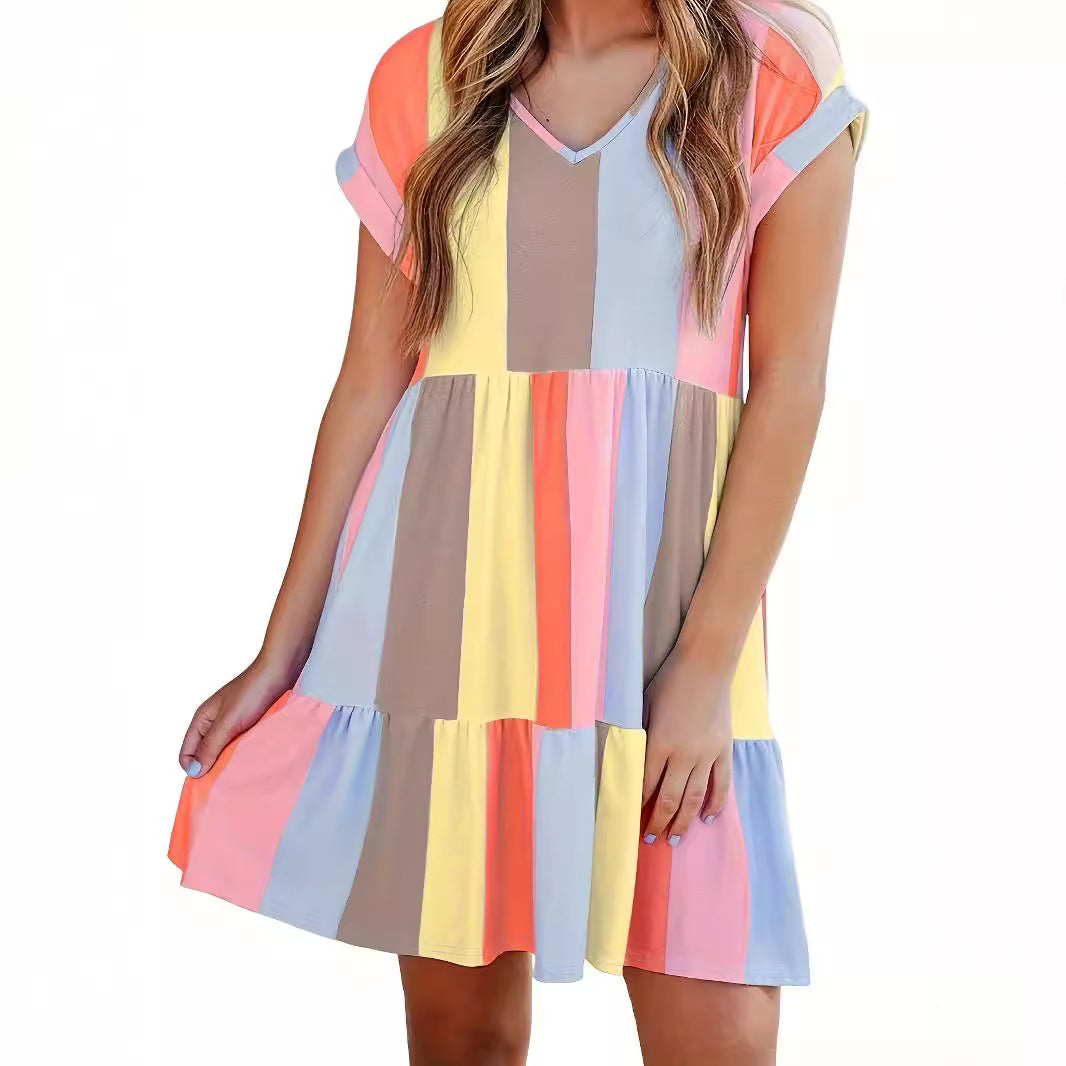 Damen lässiges Sommerkleid im modernen Streifendesign mit V-Ausschnitt und Volant R&B