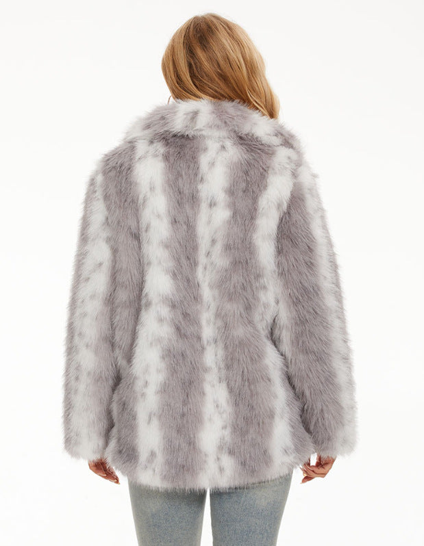 Damen Glamouröse Kunstfelljacke mit eleganten Streifen R&B