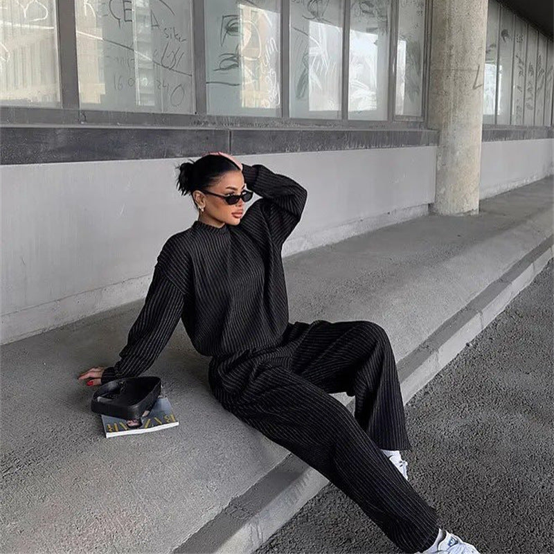Damen lässiges und modisches Strick-Set mit Rippstruktur und weitem Bein R&B