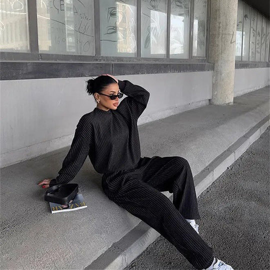 Damen lässiges und modisches Strick-Set mit Rippstruktur und weitem Bein R&B
