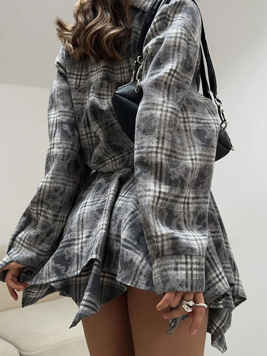 Damen lässiges Karo-Shirtkleid mit Hemdkragen und asymmetrischem Schnitt R&B