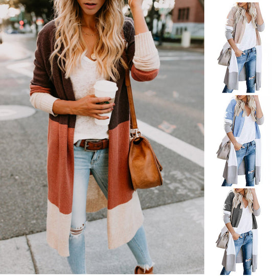 Damen lässiger Strickcardigan mit modernen Farbblockdetails und langen Ärmeln R&B