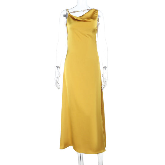 Damen Maxikleid mit schickem Wasserfallausschnitt und fließendem Satin-Stoff R&B