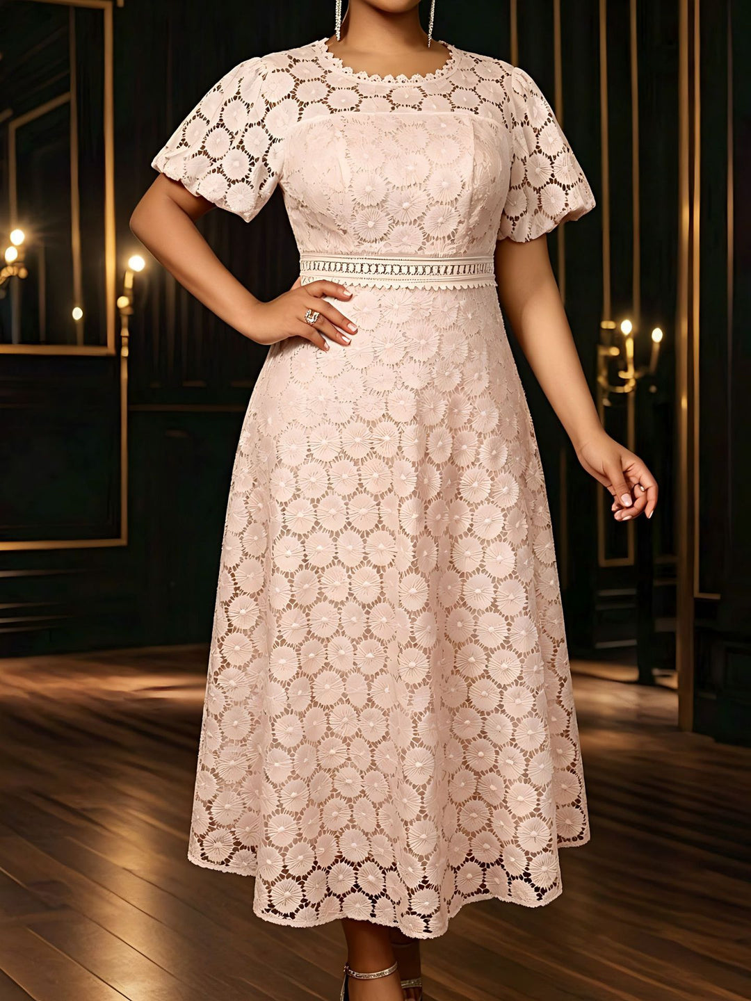 Damen Midi-Kleid mit eleganter Spitzenapplikation und Puffärmeln R&B