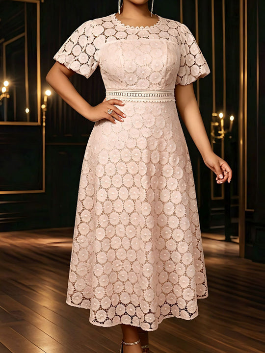 Damen Midi-Kleid mit eleganter Spitzenapplikation und Puffärmeln R&B