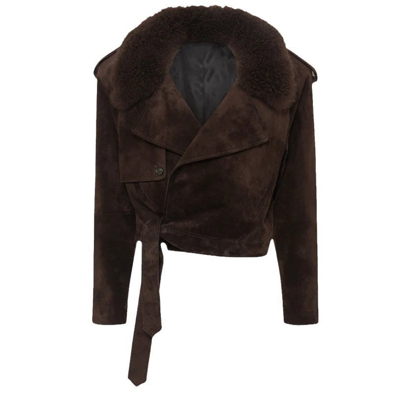 Damen Modische Wildlederjacke mit kuscheligem Kragen R&B