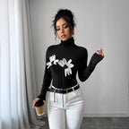 Damen Langarm-Bodysuit mit floralem Schnitt und hohem Kragen R&B