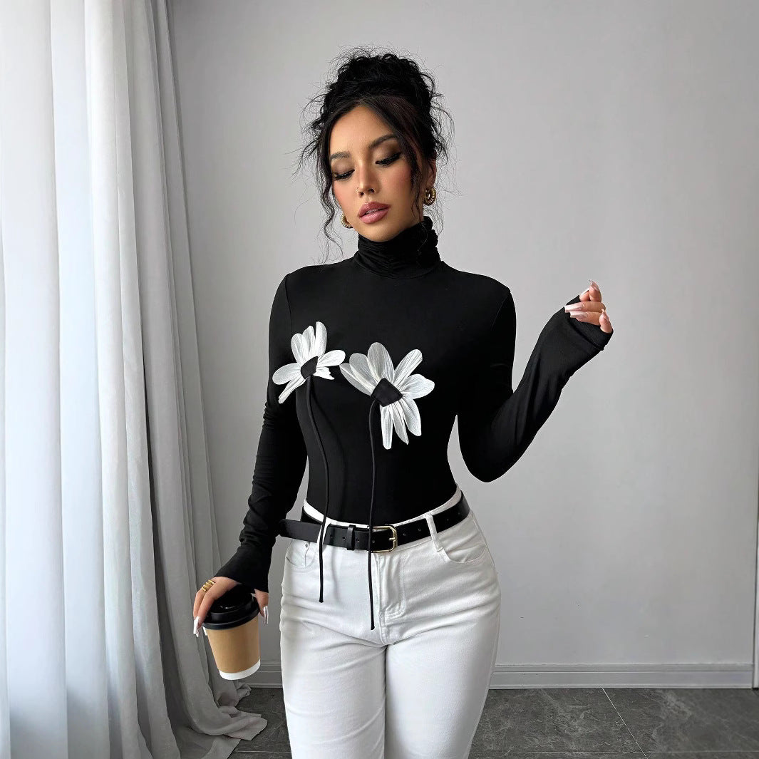 Damen Langarm-Bodysuit mit floralem Schnitt und hohem Kragen R&B